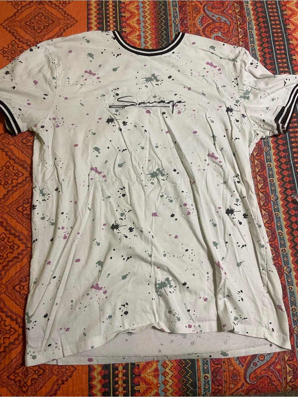 Men's White Paint-Splatter Tee with Contrast Trim